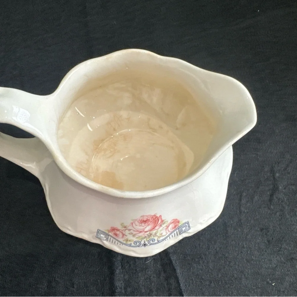 Rare 1941 Homer Laughlin Creamer Pitcher 3 Pink Peonies w/ Blue Geometric Scroll